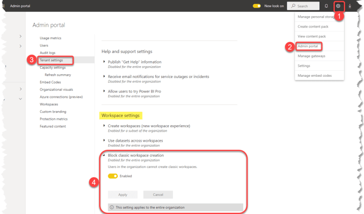 Block Classic Workspace Creation Setting in Power BI Admin Portal