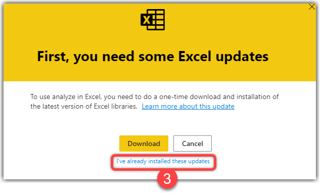 Installation of the latest version of Excel libraries required for Analyze in Excel capability in Power BI Service