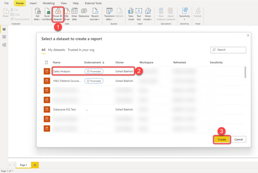 Creating a thin report with Power BI Desktop, Connecting to the dataset