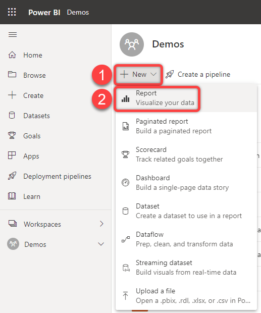 Creating a new report on Power BI Service