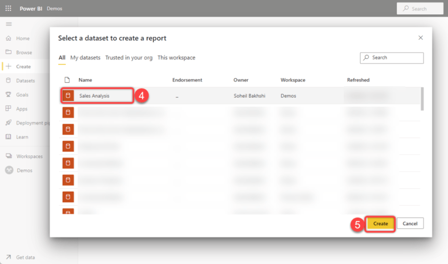 Creating a thin report from a shared dataset on Power BI Service