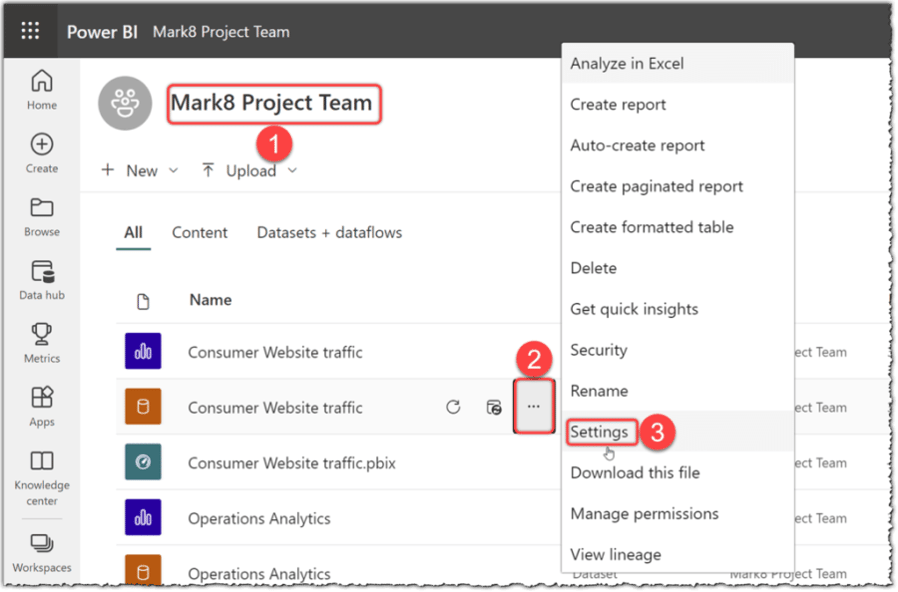 Navigating to the dataset settings in Power BI Service