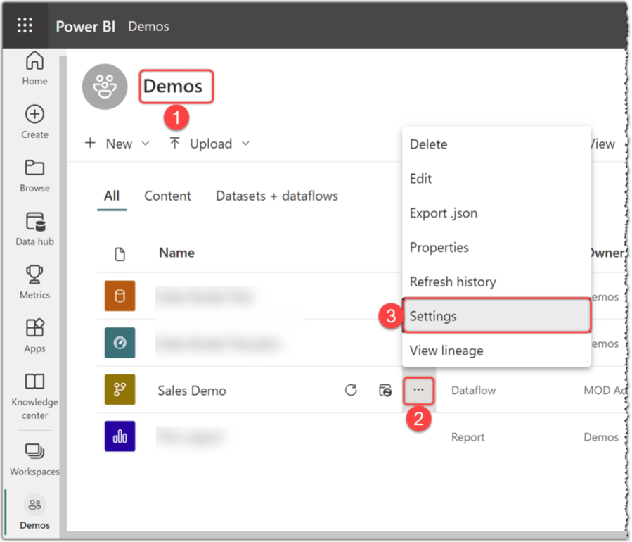 Navigating to dataflow settings in Power BI Service