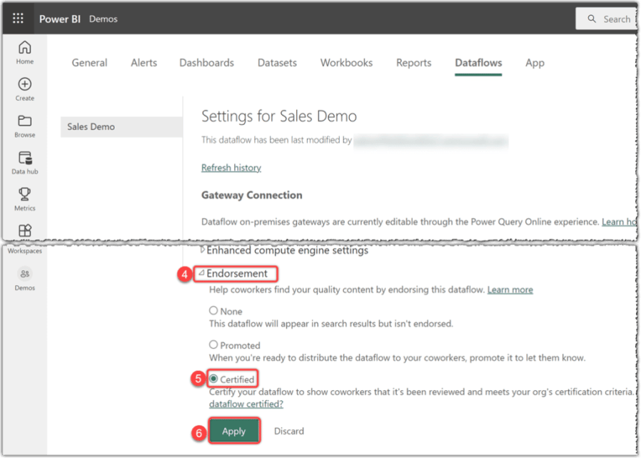 Certifying dataflow in Power BI Service