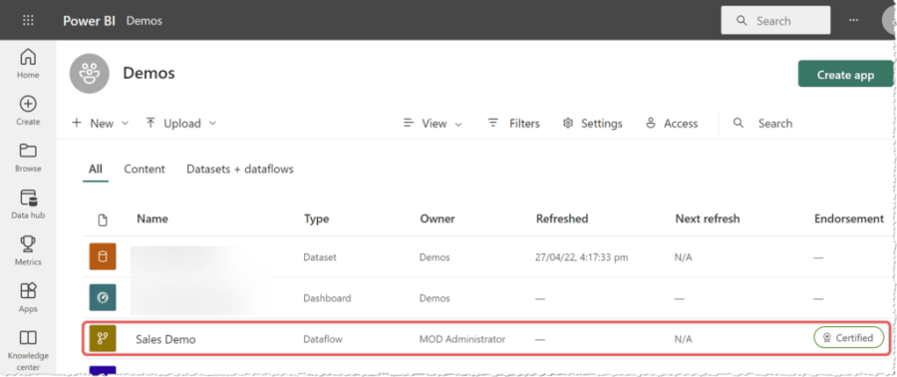 A certified dataflow in Power BI Service