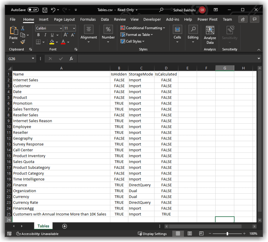 A List of Tables Exported from Power BI Desktop to CSV